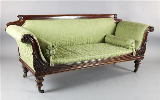 A William IV mahogany scroll end settee, 7ft. D. 2ft 5in. H.2ft 11in.